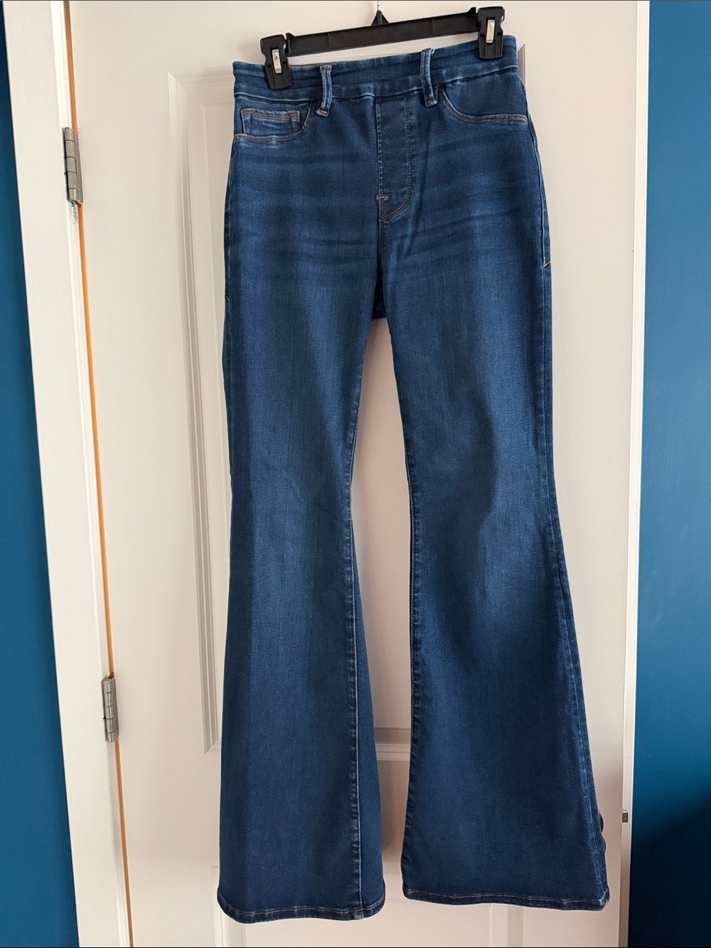 Good American Stretch High-Rise Dark Blue Flare Jeans - Women's Wide Leg